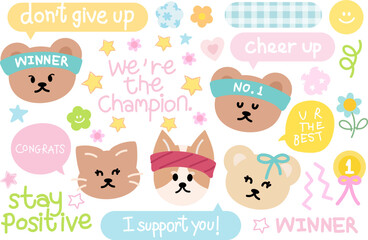 Cute running club with teddy bear, puppy, cat, sport headband, gold medal for exercise, diet, marathon decorations, animal, stickers, cartoon characters, comic, mascot, pet, vet, paw activity, hobbies