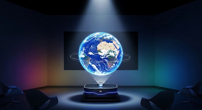 Futuristic Holographic Earth Projection in Dark Room – High-Tech 3D Globe Display