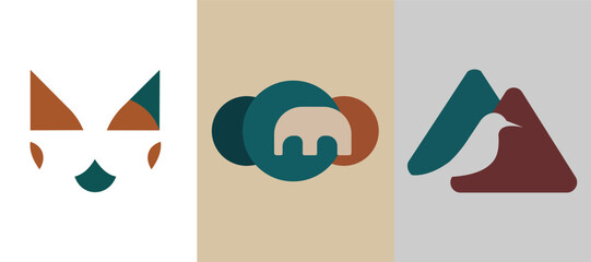 Three abstract logos featuring a cat, an elephant, and a bird, each rendered in a minimalist style with geometric shapes and a muted color palette