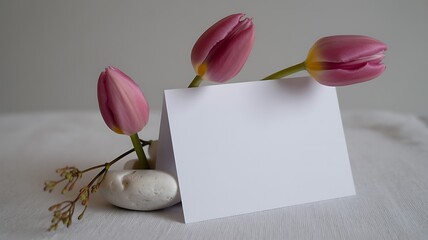 Three Pink Tulip Buds and Blank Card with Single Stone on Textured Fabric pink tulips greeting card