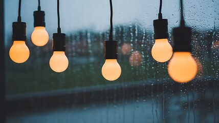 Warm Incandescent Light Bulbs Hanging in Front of a Rainy Window glow orange