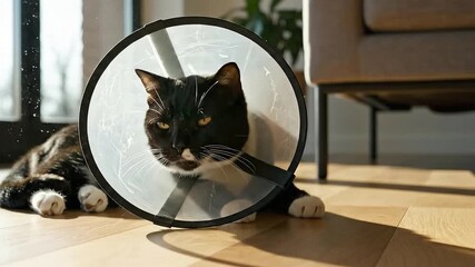 Black And White Cat Wearing Protective Elizabethan Collar Resting On Hardwood Floor Close Up Shot