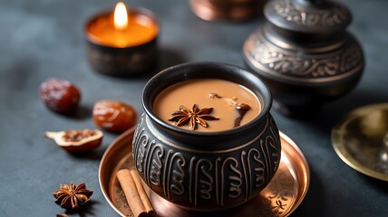 Warm Masala Chai Tea with Star Anise and Cinnamon Sticks beside a Candle and Dates drink beverage