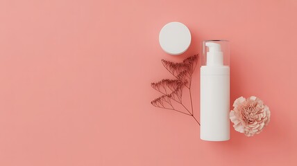 White cosmetic pump bottle and jar with dried plant and pink carnation on peach background dispenser