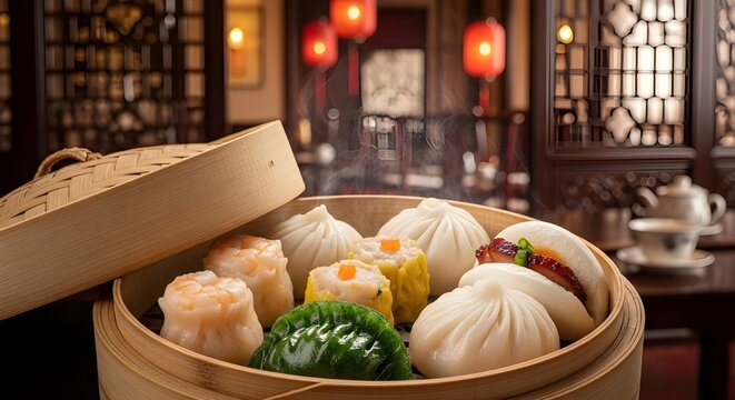 Steaming bamboo basket of assorted Chinese dim sum dumplings and buns in a traditional restaurant setting - Powered by Adobe