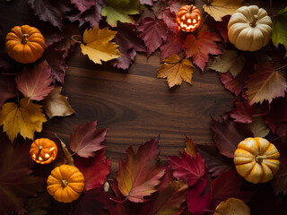Halloween Pumpkin and Autumn Leaves Frame on Dark Wooden Background with Copy Space
