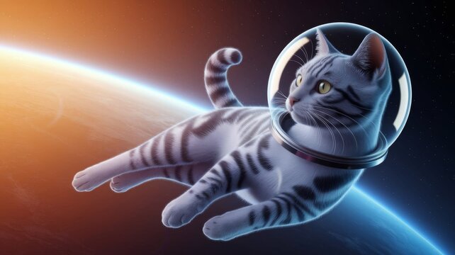Astronaut cat floating in outer space near planet Earth