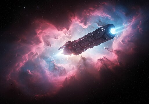 Spaceship in a nebula futuristic digital art with glowing details - Powered by Adobe