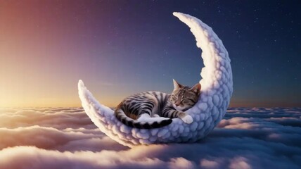 Sleeping cat on crescent moon made of clouds at sunset sky
