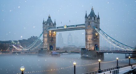 Historic suspension bridge over a misty river during a cold winter snowstorm.