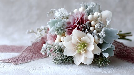 wintry winter bouquet with velvet ribbon, lace edging, snow details with festive sparkle.