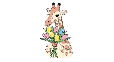 Charming giraffe proudly holds vibrant bouquet of tulips, spreading joy and natural beauty with a sweet, gentle gesture.