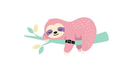 Adorable pink sloth sleeping peacefully on a pastel branch wearing a smartwatch, perfect for wellness and relaxation themes
