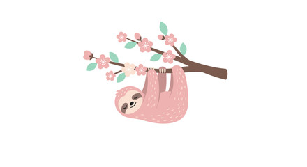 Obraz premium Adorable pink sloth sweetly sleeping on a blooming cherry blossom branch in gentle spring sunlight