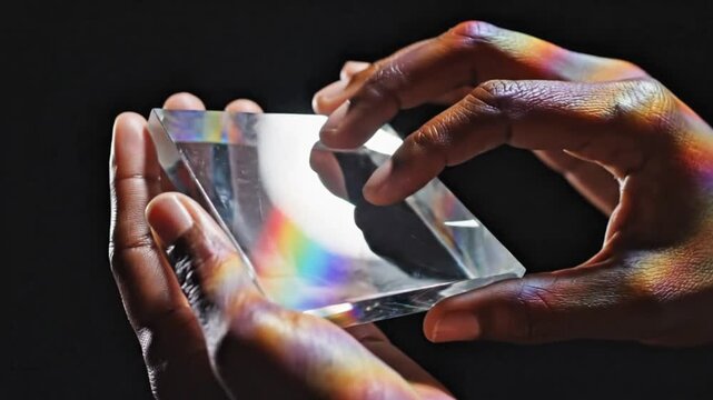 Dark Hands Holding a Glass Prism Splitting White Light into a Rainbow Spectrum: Science, Refraction, and Color Concept