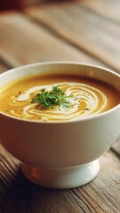 Creamy Butternut Squash Soup with Parsley Garnish on Wood Table