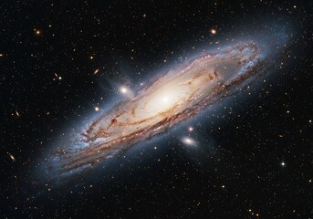 Spiral galaxy in space with stars and celestial bodies illuminated