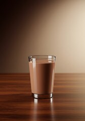 Glass of chocolate beverage on wooden table against warm gradient background