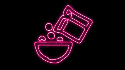 Pink neon glowing animated illustration of healthy cereal pouring from a box into a bowl, a vibrant loop for breakfast, food, and morning concepts on black.