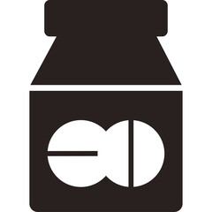 Simple Black Silhouette of a Medicine Bottle with Two Pills Visible Through a Transparent Section on a White Background Representing Pharmaceuticals and Health Care