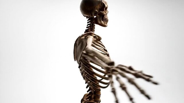 Anatomical skeleton model with arms outstretched against a plain white background in studio shot