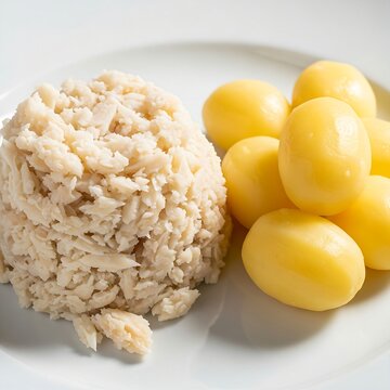  A mound of fluffy Klippfisk (salt cod) flakes next to a small pile of steamed, peeled potatoes. Focus on flaky texture, 1:1, bright light.
