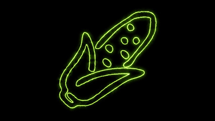 Glowing neon green corn outline icon illustration featuring a vibrant digital graphic of a maize cob on a dark black background, ideal for modern food designs