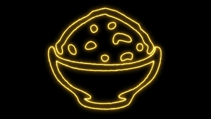 Vibrant yellow neon glowing outline icon of a bowl of delicious rice or a savory hot meal on a stark black background, symbolizing global cuisine and dining experiences