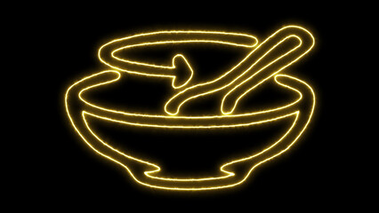 Yellow neon outlined bowl and spoon with a swirling element, vibrant minimalist food icon illustration glowing on a dark black background, depicting cooking or a meal