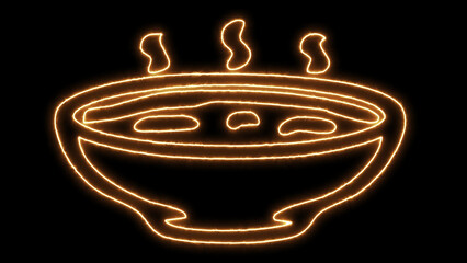 Glowing orange outline of a steaming hot bowl of delicious soup with three distinct steam plumes, presented as a minimalist neon digital illustration against a dark black background