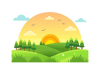 Obraz premium Cartoon sunset over rolling hills, lush green grass, and forest Parallax effect, flat design, sunset, serene icon 