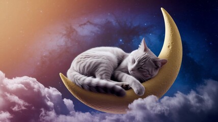 Sleeping cat on crescent moon made of clouds at sunset sky