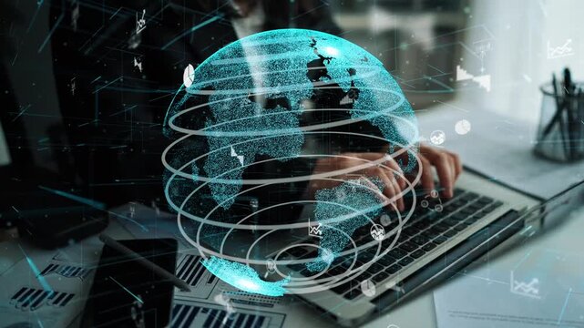 A captivating digital globe design symbolizes global connectivity and data analysis in a modern workspace, featuring hands engaged in laptop activities. Xenic - Powered by Adobe