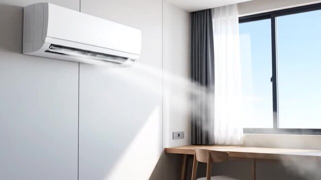 A white AC unit emitting cool air in a bright, modern room, with a window and a desk