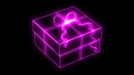 Bright pink neon glow lines outline a digital gift box with a luminous ribbon and bow against a dark black background, representing a futuristic present or surprise illustration.