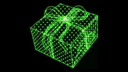 A vibrant neon green digital outline gift box with a glowing dotted pattern and a festive bow, symbolizing celebrations, surprise, and modern holiday greetings