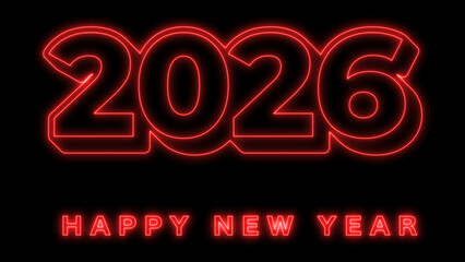 Bright red neon "2026" and "Happy New Year" text glowing vividly against a dark black background, symbolizing festive celebrations, future, and a modern holiday design