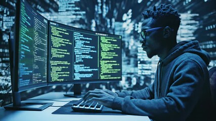 A man in glasses, intently focused on typing away at a computer desk with two monitors, presents a concept of seamless programming, where technology and innovation come together to drive.