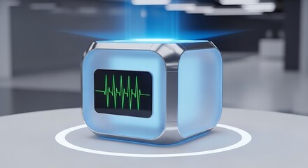 Futuristic Cube with Sound Wave Display on Platform.