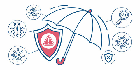 Flat vector illustration showing umbrella protecting laptop with lock and warning shield, symbolizing cybercrime risks, data breach alerts and online security for tech banners, apps and infographics.