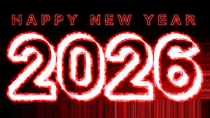 Bright glowing red and white Happy New Year 2026 text with a digital, abstract effect on a dark black background, symbolizing future celebrations and holiday countdown.