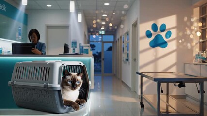 Cat in a Carrier at a Veterinary Clinic with Employee at Desk and Paw Print Symbol