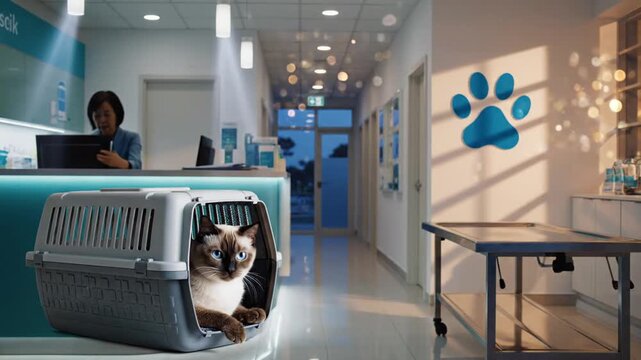 Cat in a Carrier at a Veterinary Clinic with Employee at Desk and Paw Print Symbol