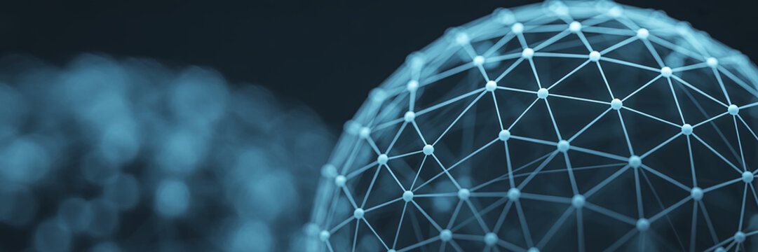 Abstract Digital Network Sphere with Connected Nodes and Lines on Dark Background technology - Powered by Adobe