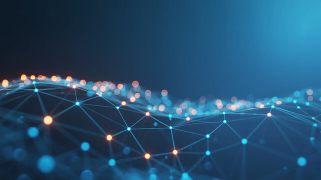 Abstract digital network surface with blue and orange glowing nodes technology