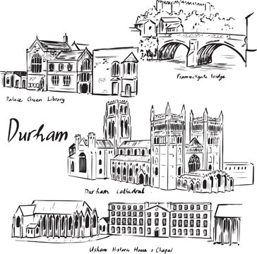 Ink illustration of Durham landmarks &mdash; Cathedral, Palace Green Library, Framwellgate Bridge, Ushaw Historic House, architectural sketch, black-and-white ink illustration. For cultural projects.