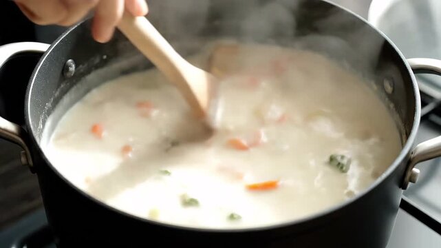 鍋でクリームシチューを煮込む（料理・野菜・クローズアップ）
