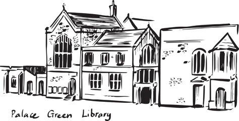 Palace Green Library illustration &mdash; classic British collegiate architecture. Minimalist black-ink drawing emphasizing texture and symmetry. Ideal for academic publications or heritage projects