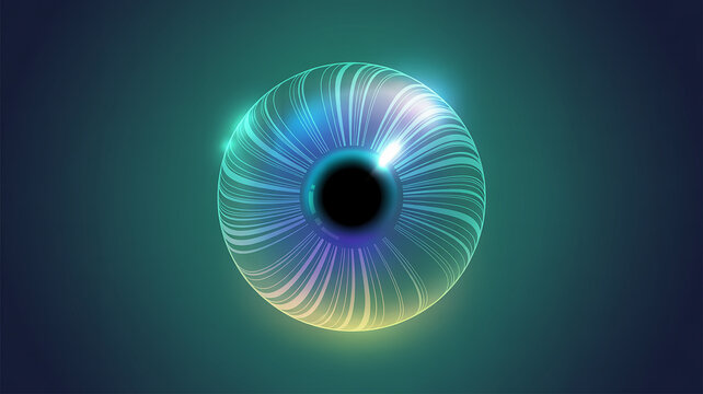 Abstract glowing blue and green iris with radial lines on dark background pupil