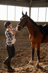 Woman wearing riding helmet carefully adjusts horse's bridle during indoor riding session. Rider grooms horse indoors, showing care and affection. Concept Equestrian Sport